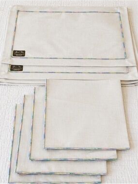 Luxury Linen Placemats & Napkins Set of 4 White Pastel Trim Coastal Table Decor